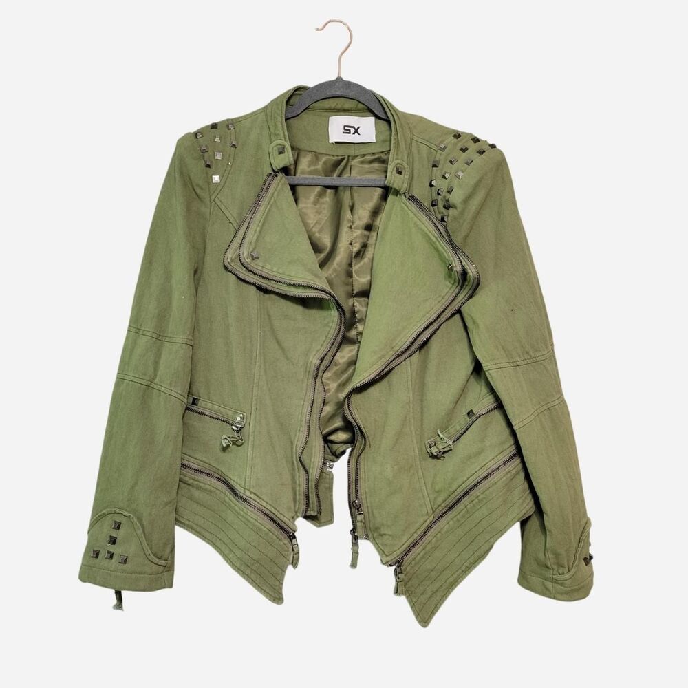 SX Women's Green Moto Biker Jacket Studs Zippers Alt Grunge Rocker Indie Sleaze
